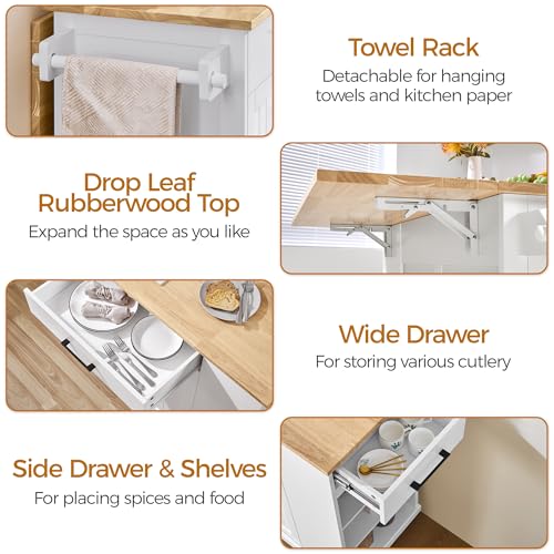White Rolling Kitchen Island Cart with Drop Leaf, 2 Drawers N85781