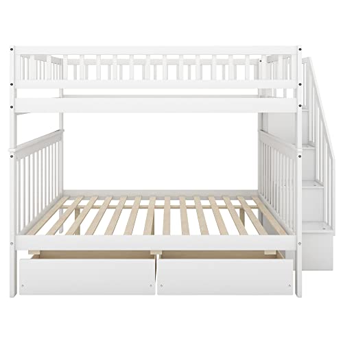 White Full Over Full Wood Bunk Bed with Trundle and Stairs C3519