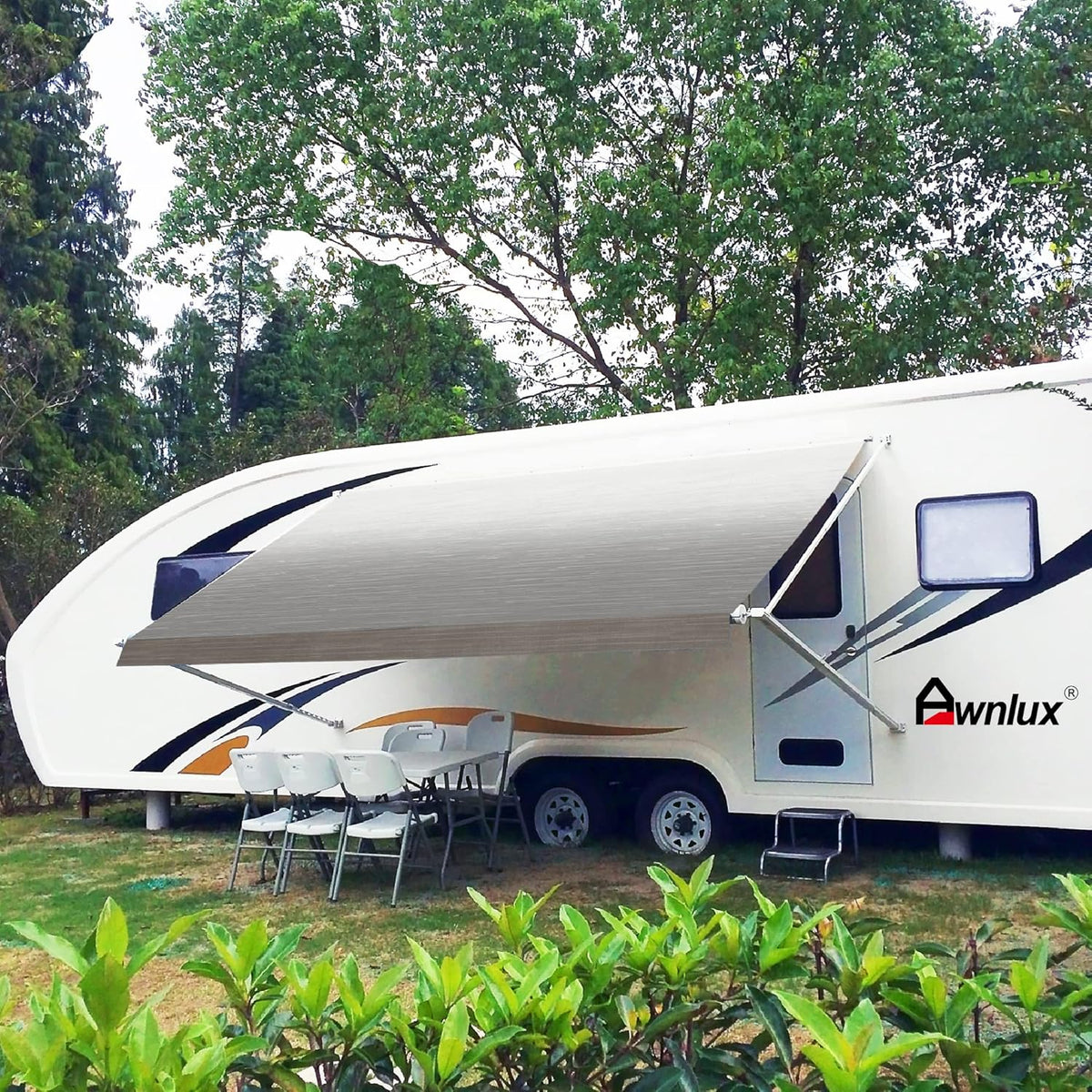 Blue Ombre White 12' Vinyl RV Awning Fabric Replacement with Press Plate & Pull Strap G9934