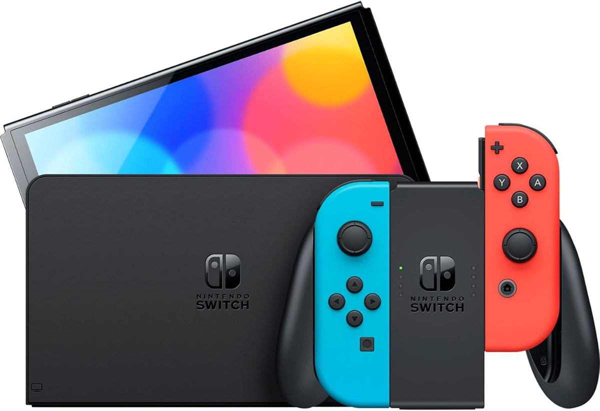 Switch OLED Model with Neon Blue and Red Joy-Con, Black Dock - 7" OLED Touchscreen, 64GB Internal Storage A1132