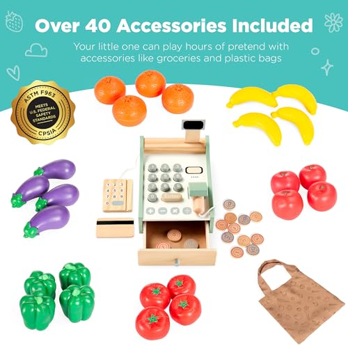 Red Wooden Supermarket Toy Set with Play Food, Cash Register, Conveyor L1942