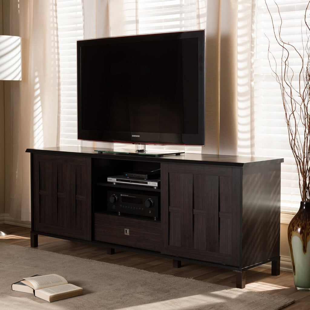 Dark Brown Wood TV Cabinet with 2 Sliding Doors and Drawer A513