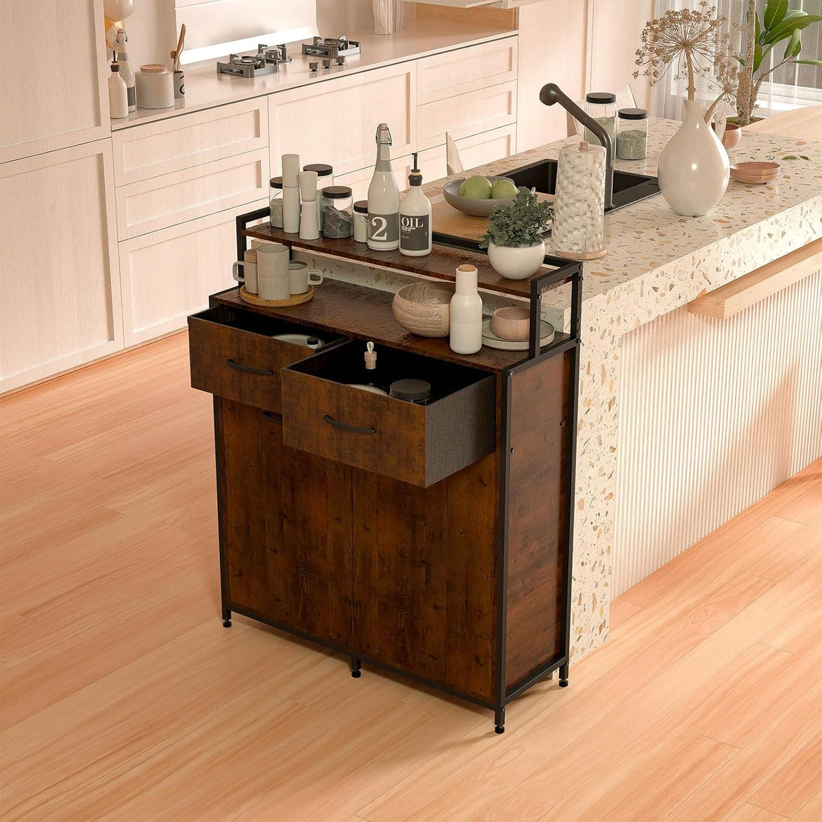 Dual Tilt Out Trash Cabinet with 2 Drawers and Shelf O654
