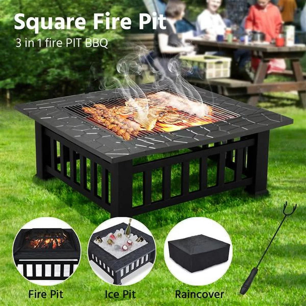 32'' Black Metal Square Fire Pit with Cover B713