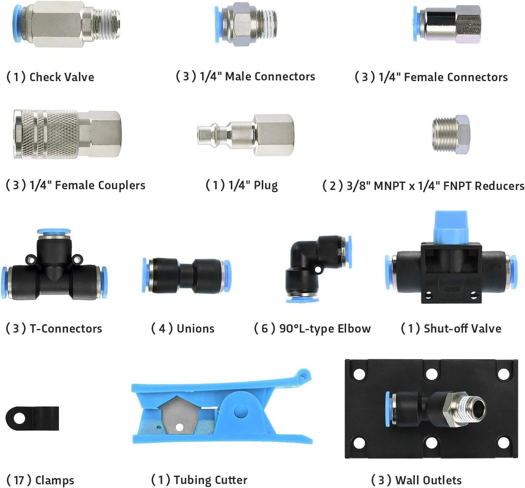49PCS 3/8 Inch Nylon Compressed Air Pipe Kit with Cutter, Tees, Mounting Clips, Connectors G93822