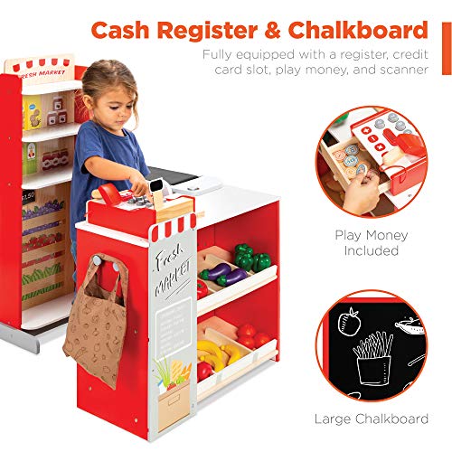 Red Wooden Supermarket Toy Set with Play Food, Cash Register, Conveyor L1942