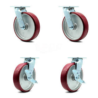 8 inch Poly on Aluminum Swivel Caster Set with Roller Bearings 2 Brakes Y49971