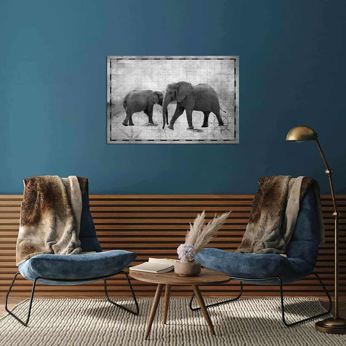 Vintage African Animals Wall Art Elephant Print on Nautical Map Canvas Picture Framed A5973