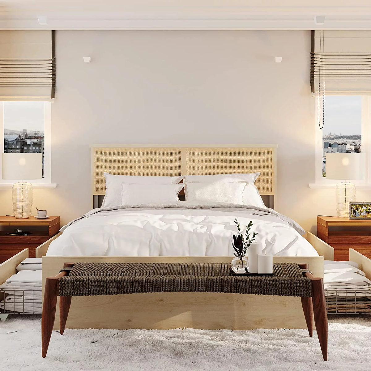 Natural Rattan Queen Bed Frame with Wooden Headboard and 4 Storage Drawers T4797