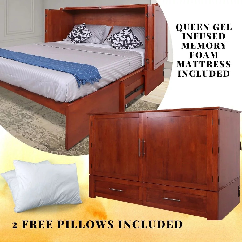Queen Cherry Murphy Cabinet Chest Bed with Charging Station & 6" Memory Foam Mattress I836873