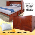 Queen Cherry Murphy Cabinet Chest Bed with Charging Station & 6" Memory Foam Mattress I836873