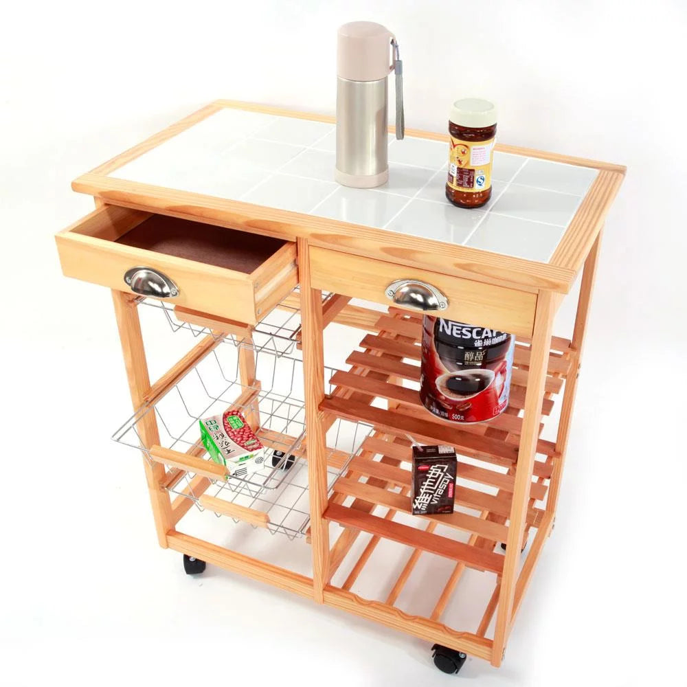 Rolling Wood Kitchen Cart with Drawers Y647948