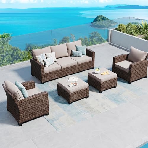 Brown Wicker Rattan 7 Pieces Patio Furniture Set with Cushion and Firepit Table V23945