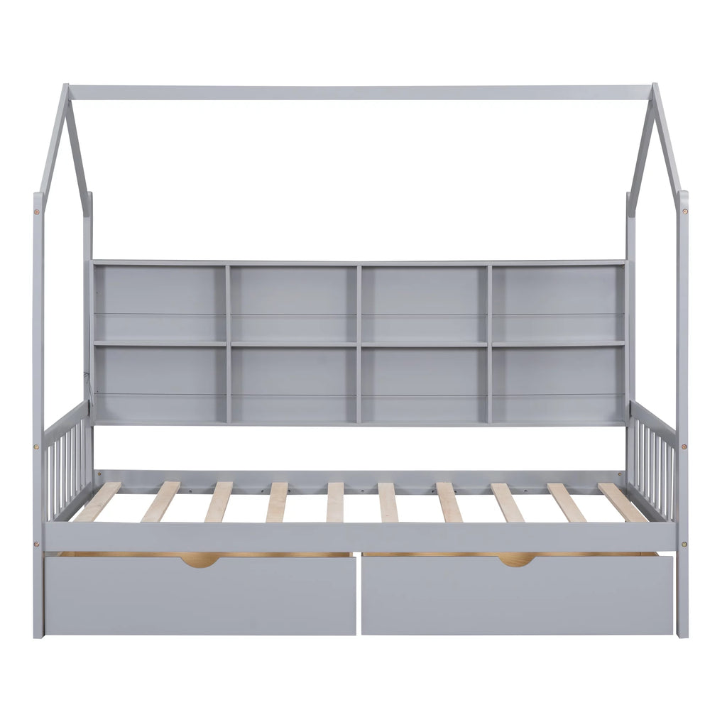 Wooden Twin Size House Bed with 2 Drawers and Storage Shelf O52267