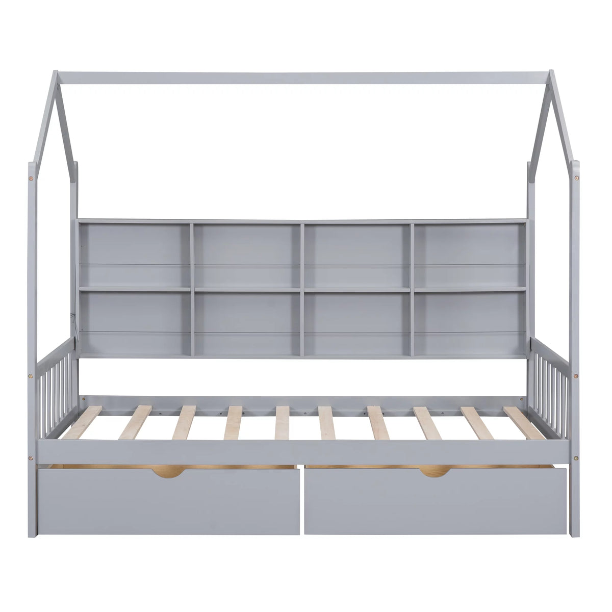 Wooden Twin Size House Bed with 2 Drawers and Storage Shelf O52267