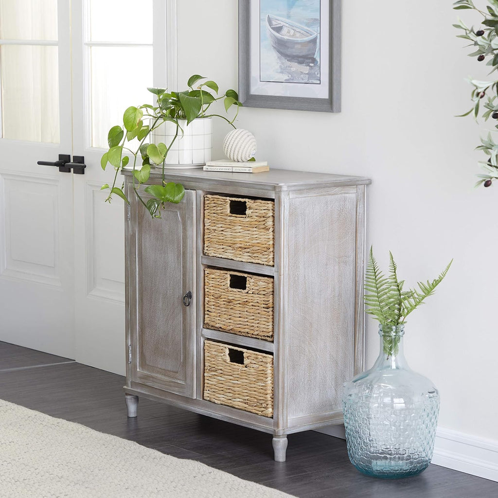 Whitewash Taupe Wood Basket Cabinet S6035