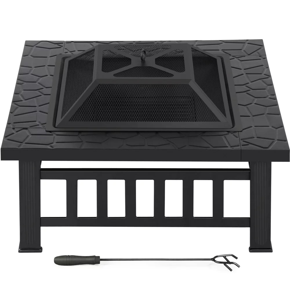32'' Black Metal Square Fire Pit with Cover B713