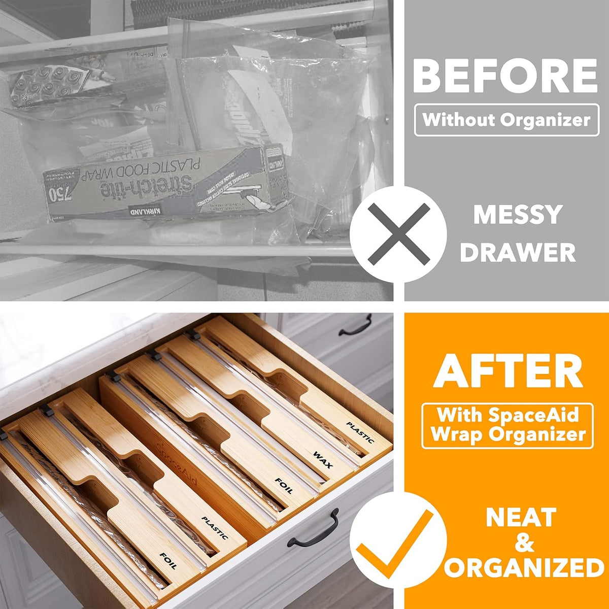 2 in 1 Wrap Dispenser with Cutter and Labels, Bamboo Roll Organizer Holder, Pack of 2 W140