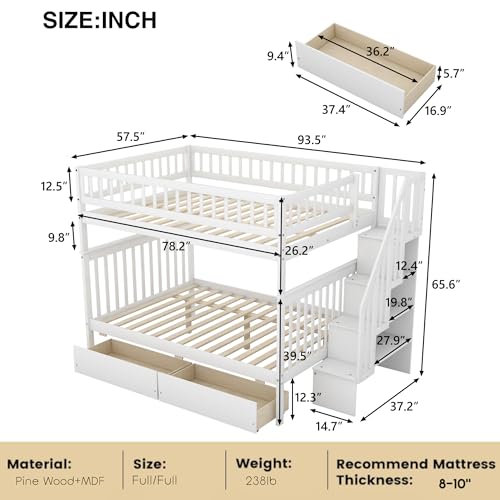 White Full Over Full Wood Bunk Bed with Trundle and Stairs C3519
