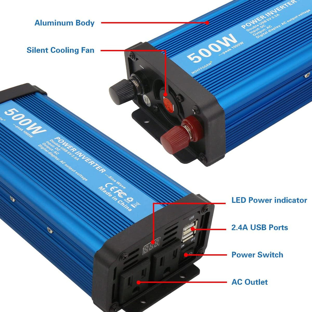 500W Pure Sine Wave Power Inverter DC 12V to 110V AC with 2.4A Dual USB Y607353