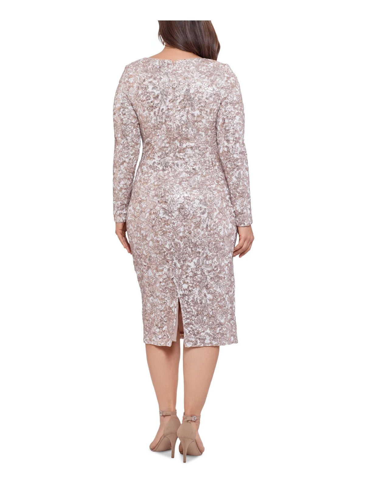 Beige Sequined Long Sleeve Sheath Dress Plus 22W F17269
