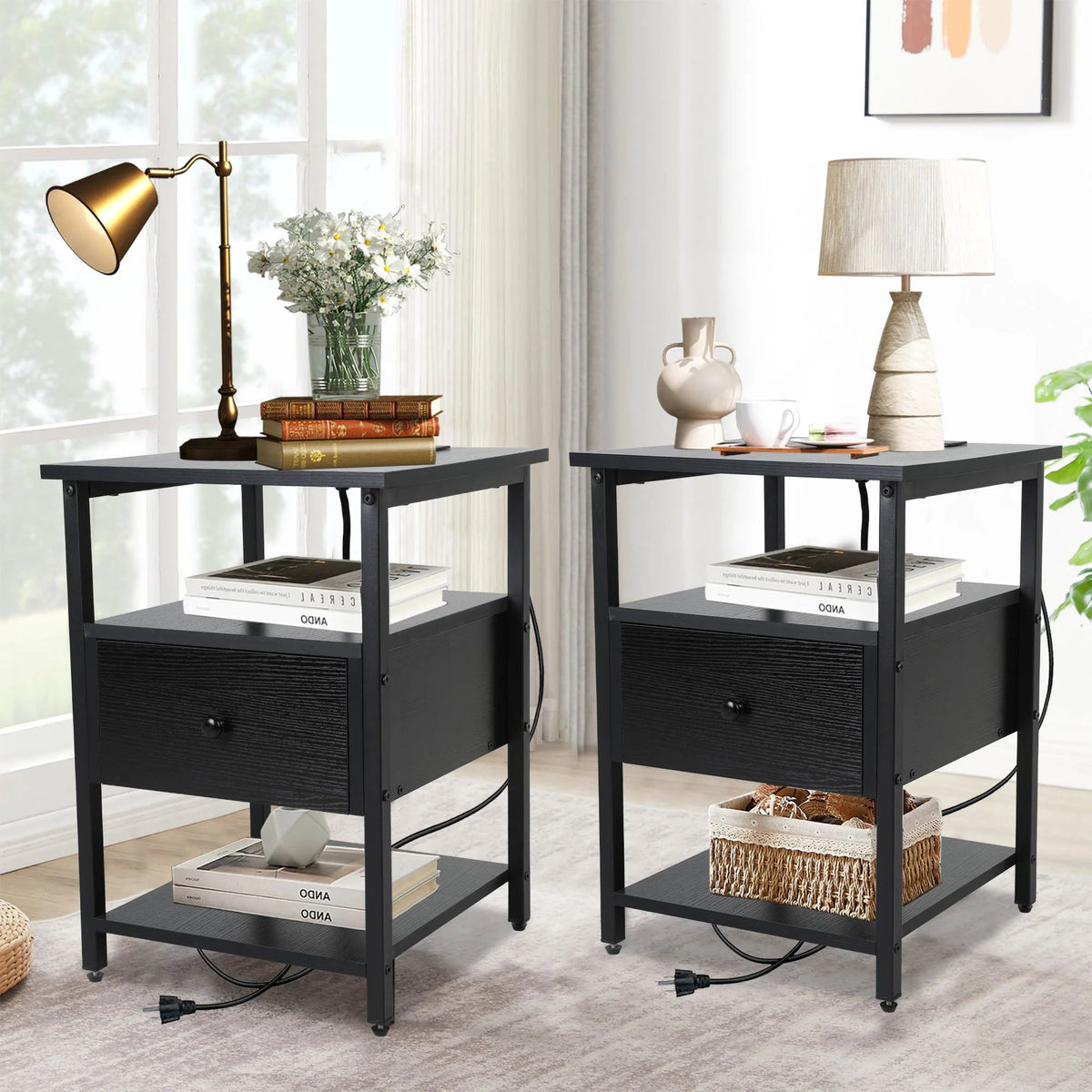 Night Stand Set of 2 with Storage Drawer and Charging Station O16717