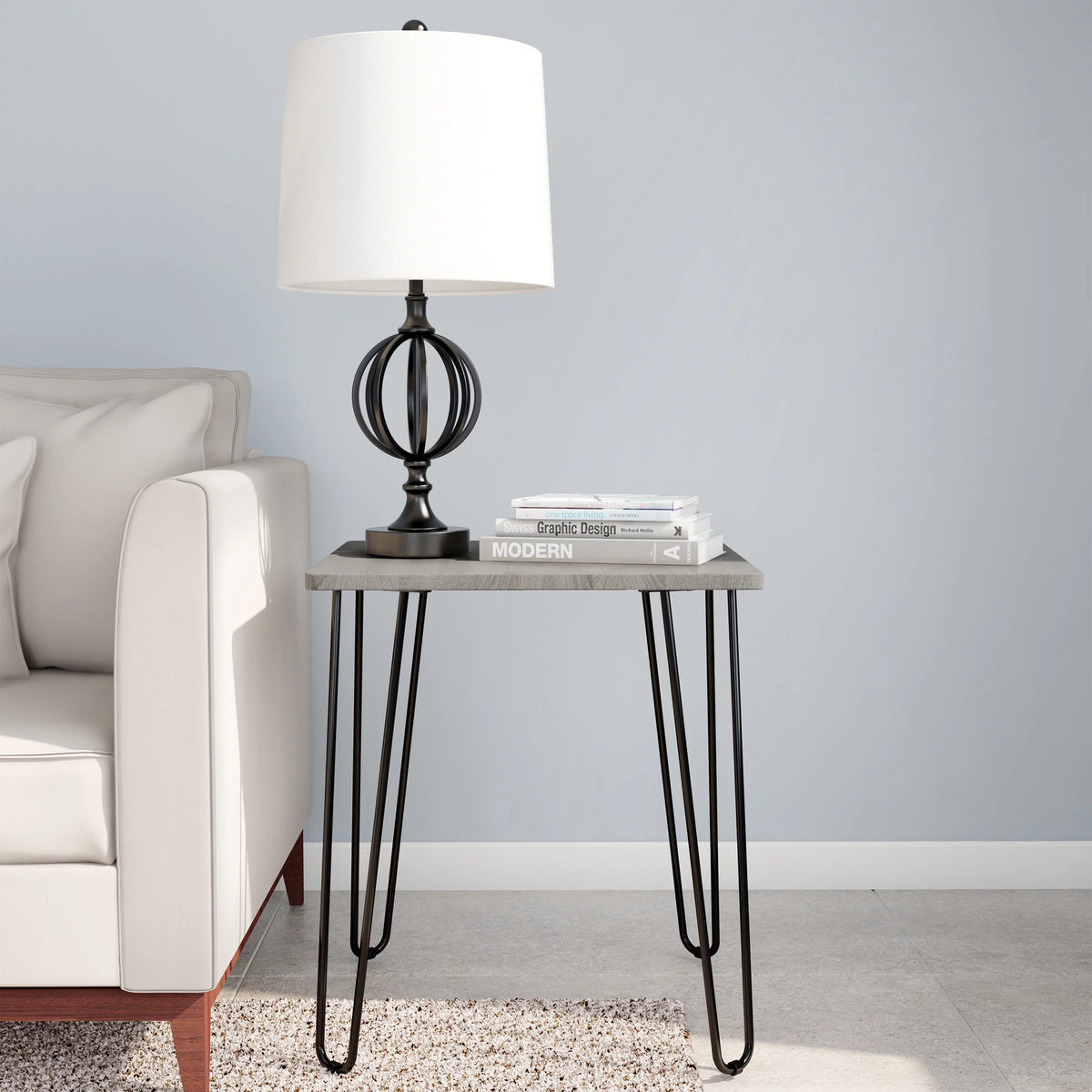 Modern End Table with Hairpin Legs and Woodgrain Finish Gray K392