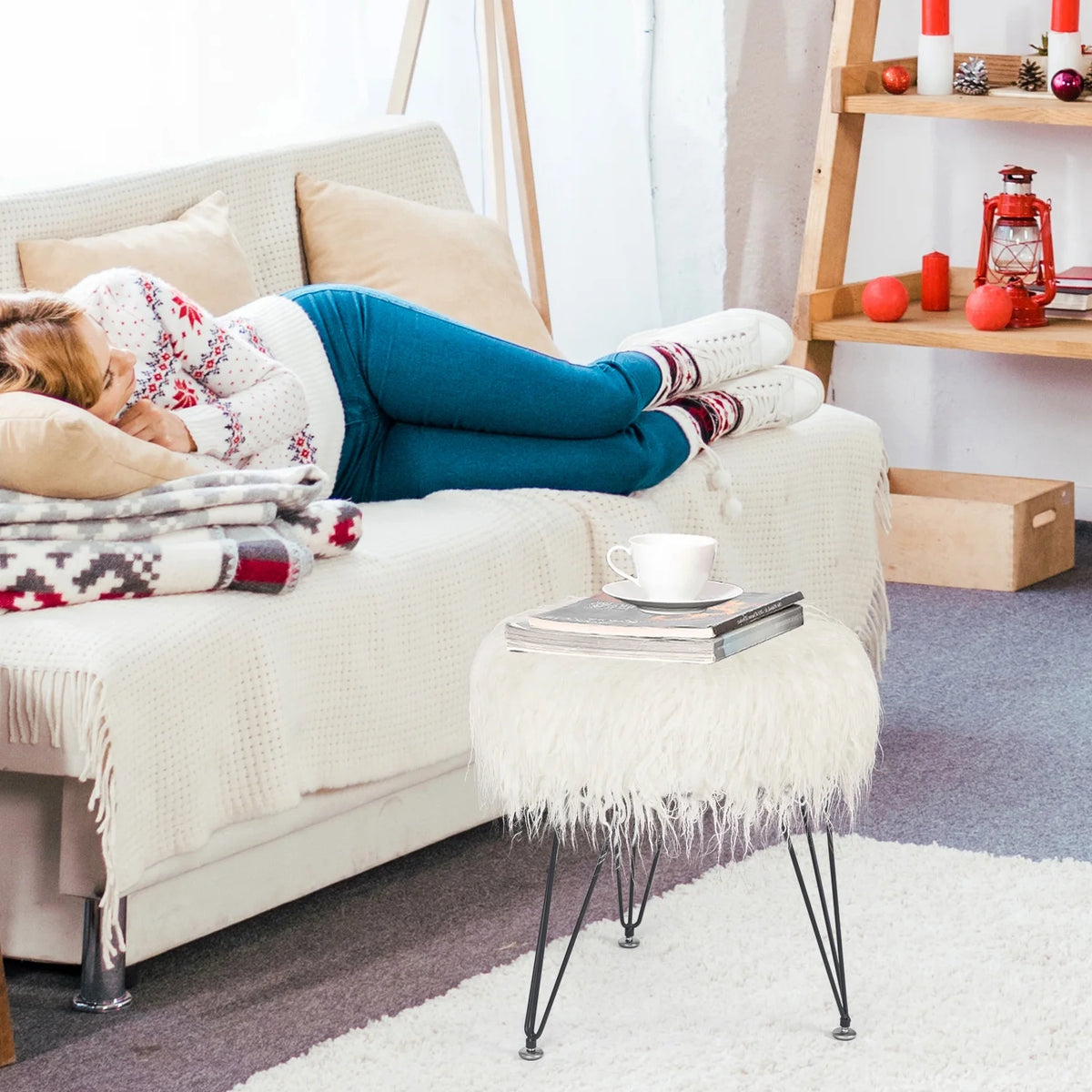 Faux Fur Ottoman Footrest with Metal Legs White B616847