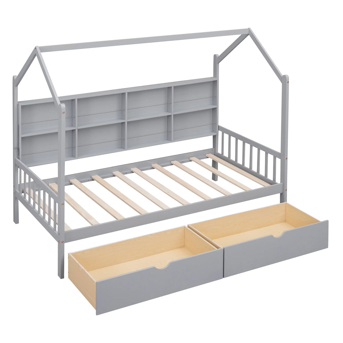 Wooden Twin Size House Bed with 2 Drawers and Storage Shelf O52267