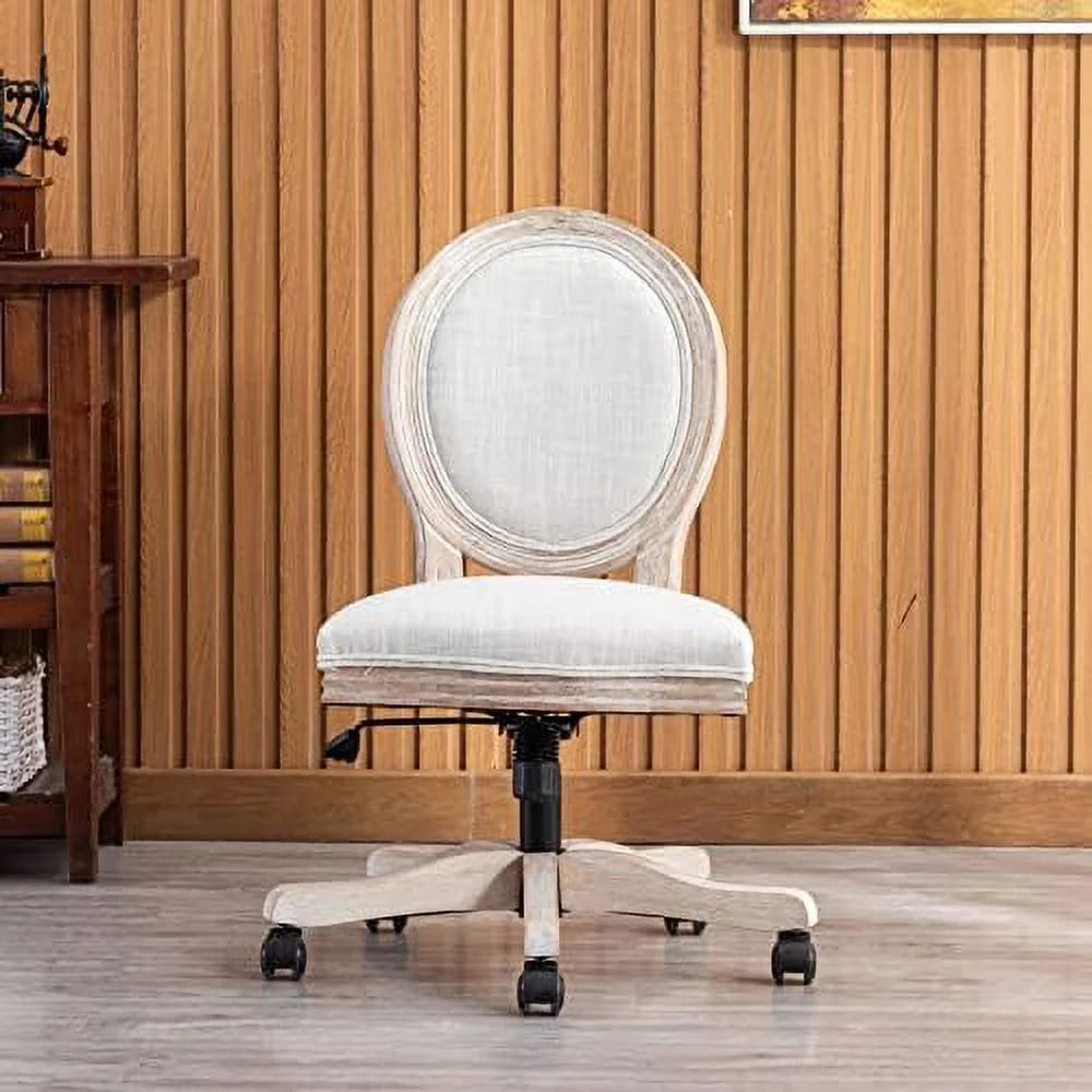 Beige Rattan Back Linen Swivel Task Chair with Wheels T40303