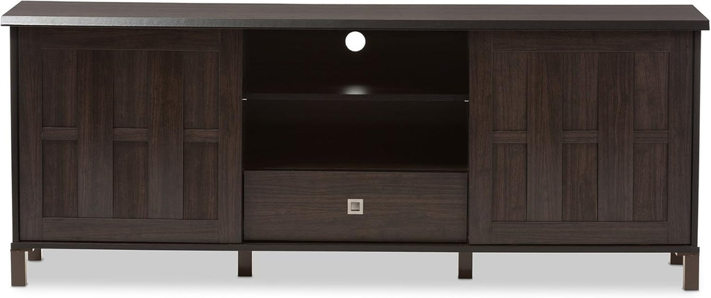 Dark Brown Wood TV Cabinet with 2 Sliding Doors and Drawer A513