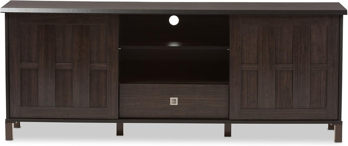 Dark Brown Wood TV Cabinet with 2 Sliding Doors and Drawer A513
