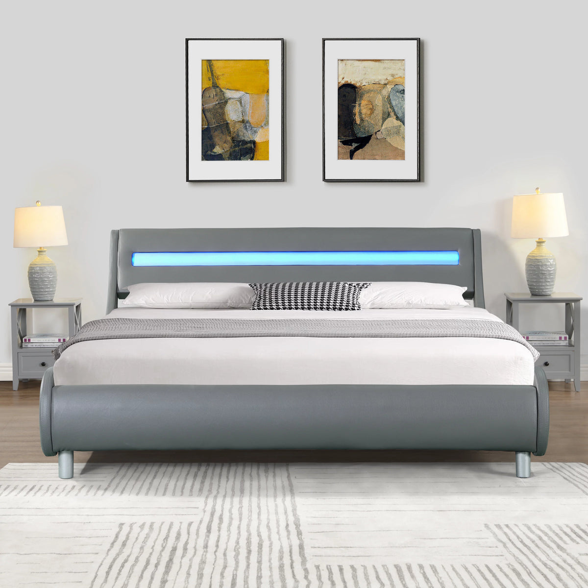 Gray Faux Leather Upholstered Queen Size Platform Bed Frame V68995