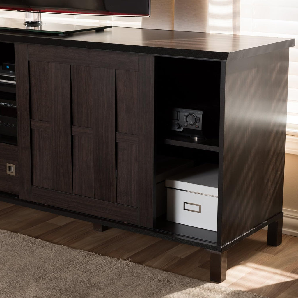 Dark Brown Wood TV Cabinet with 2 Sliding Doors and Drawer A513