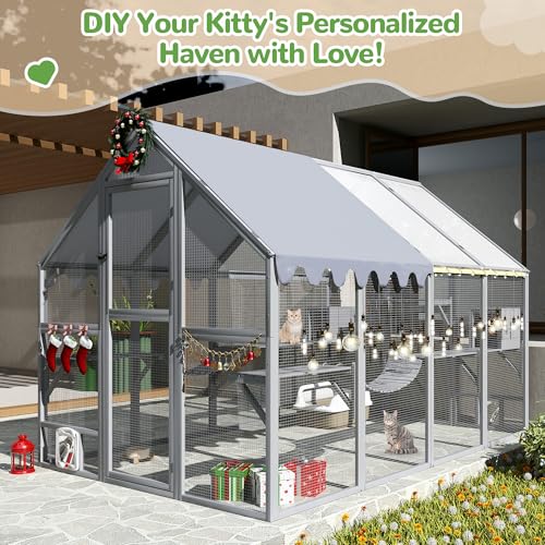 Grey Extra Large Wooden Outdoor Cat Enclosure with Canopy E7041