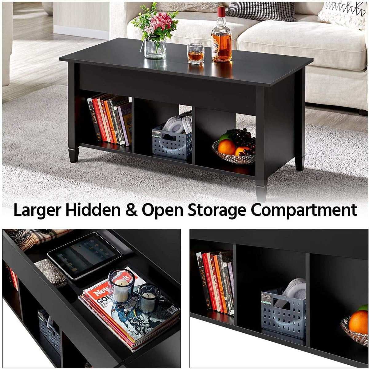 Black Lift Top Wood Coffee Table with Storage Shelf A294449