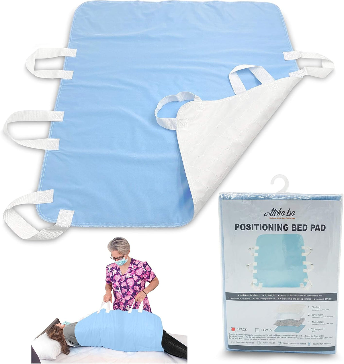 Waterproof Positioning Bed Pad with 6 Handles, 34” x 36” (2-Pack Blue) V71354