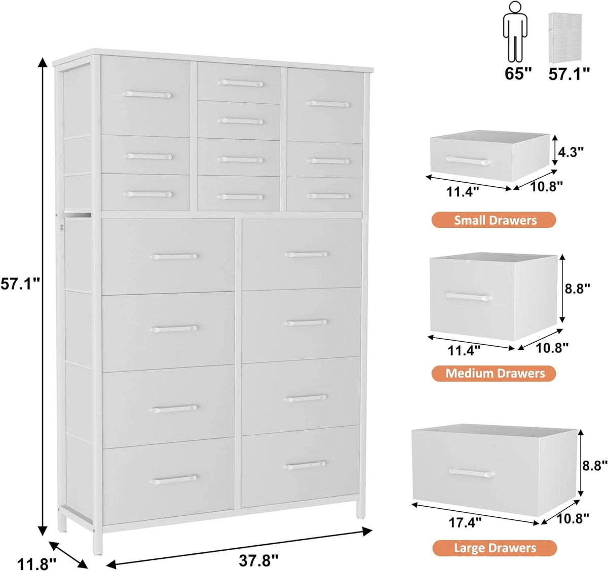 White 18 Drawer Fabric Dresser Z5035