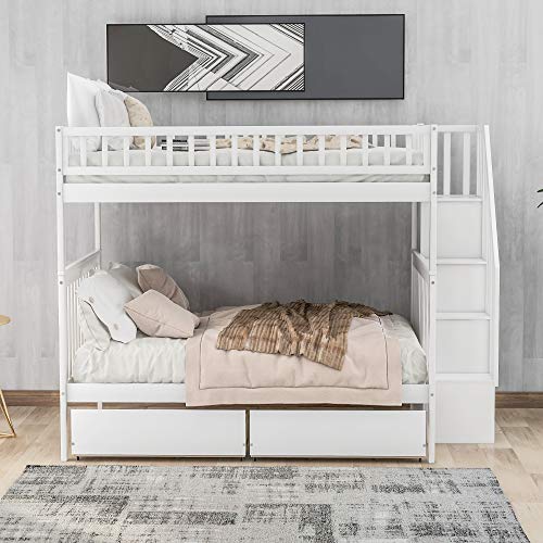 White Full Over Full Wood Bunk Bed with Trundle and Stairs C3519