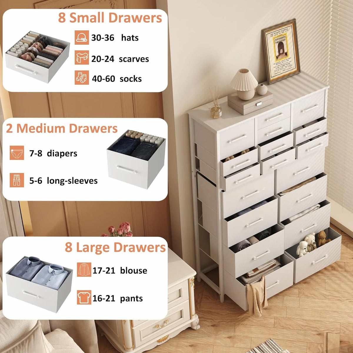 White 18 Drawer Fabric Dresser Z5035