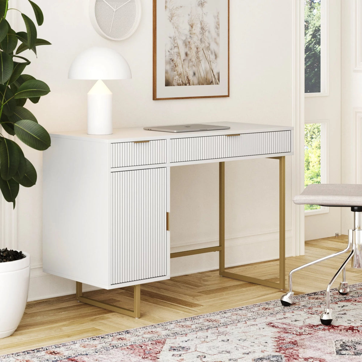 White Computer Desk with Drawers and Cabinet Storage G6361