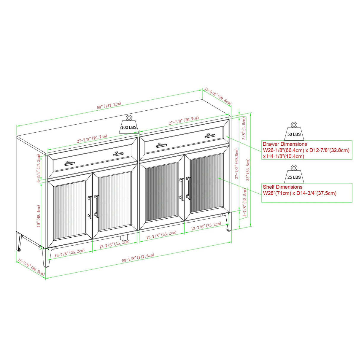 58-Inch 2-Drawer Fluted Glass Door Sideboard U879660