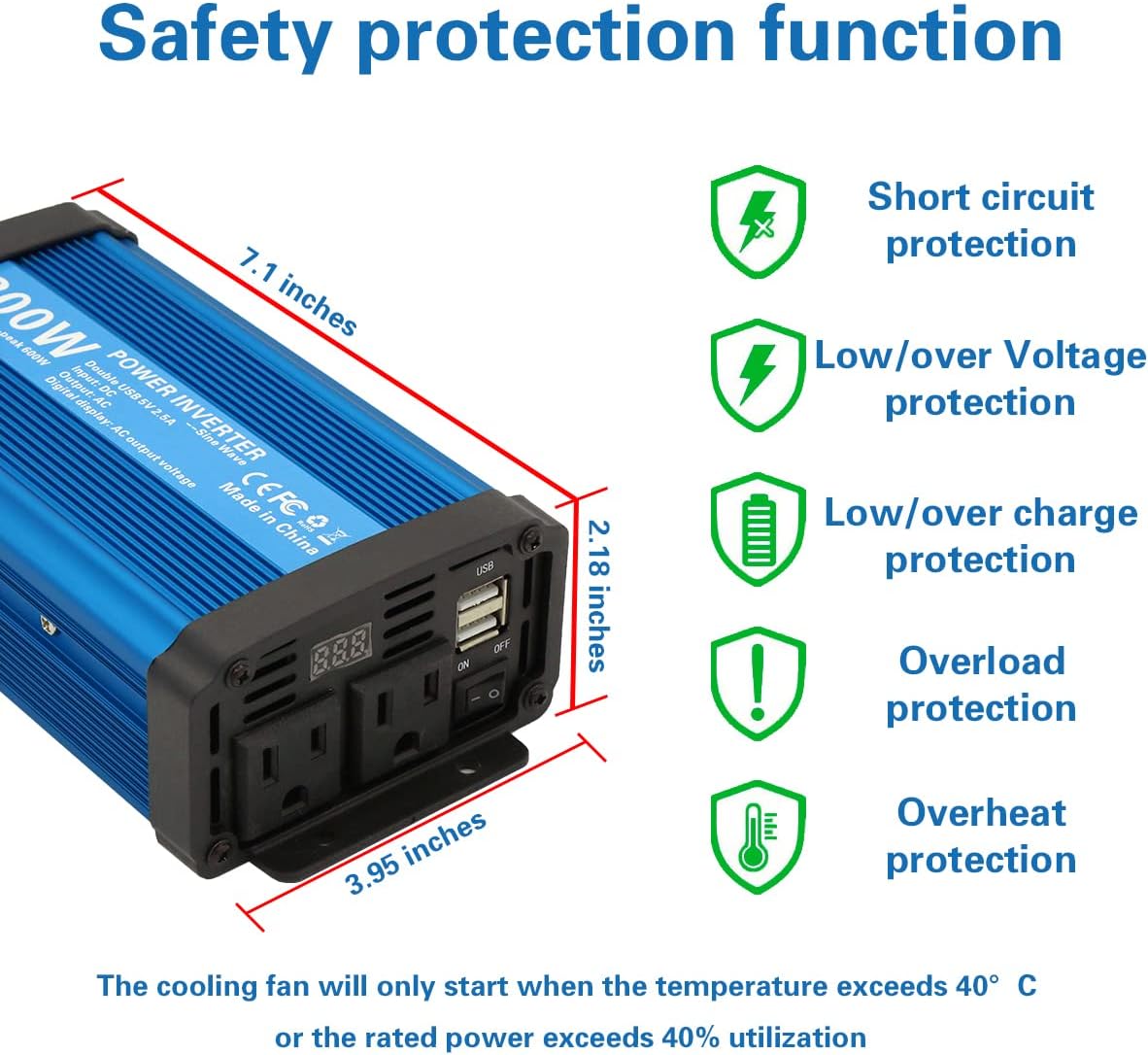 500W Pure Sine Wave Power Inverter DC 12V to 110V AC with 2.4A Dual USB Y607353