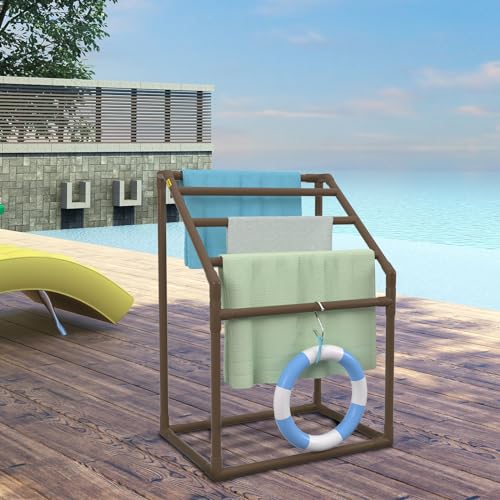 5 Bar Brown Freestanding PVC Pool Towel Rack with 8 Towel Clips F544