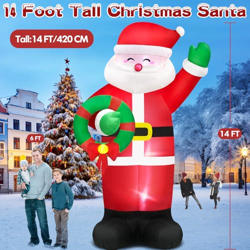 14FT Giant Christmas Inflatables Santa Claus with Wreath Built-in LED Lights M962948