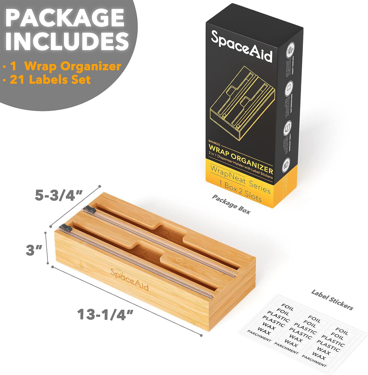 2 in 1 Wrap Dispenser with Cutter and Labels, Bamboo Roll Organizer Holder, Pack of 2 W140