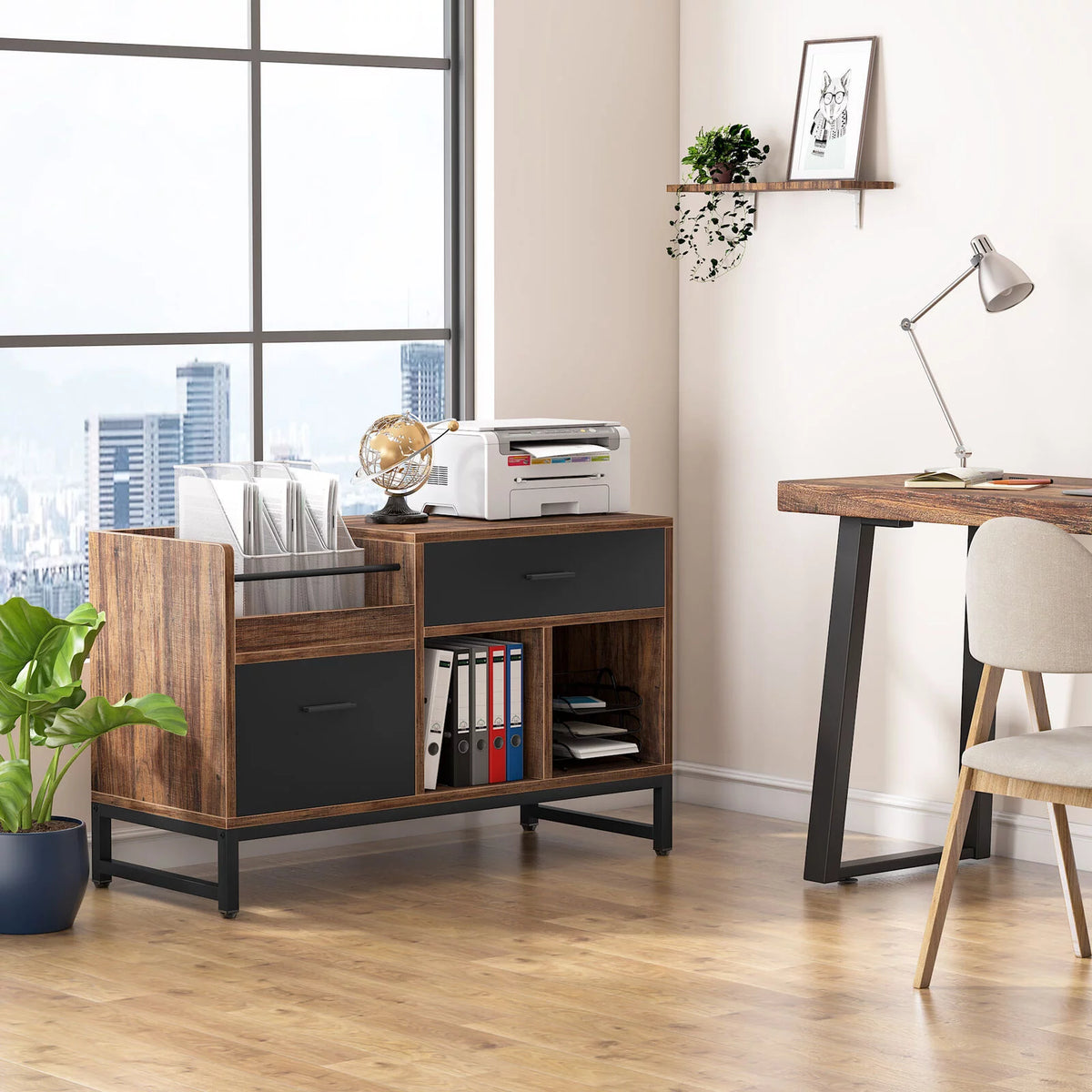 2 Drawer Wood File Cabinet with Storage Shelves I2357