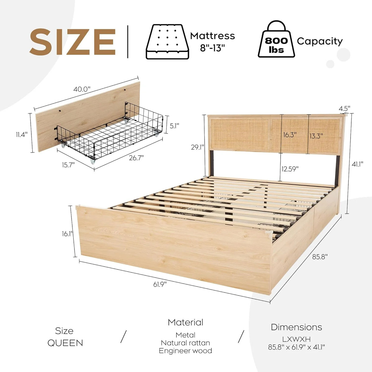 Natural Rattan Queen Bed Frame with Wooden Headboard and 4 Storage Drawers T4797