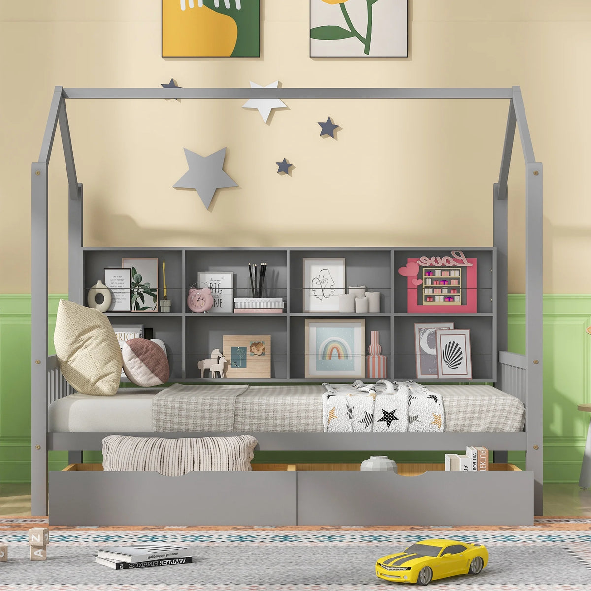 Wooden Twin Size House Bed with 2 Drawers and Storage Shelf O52267