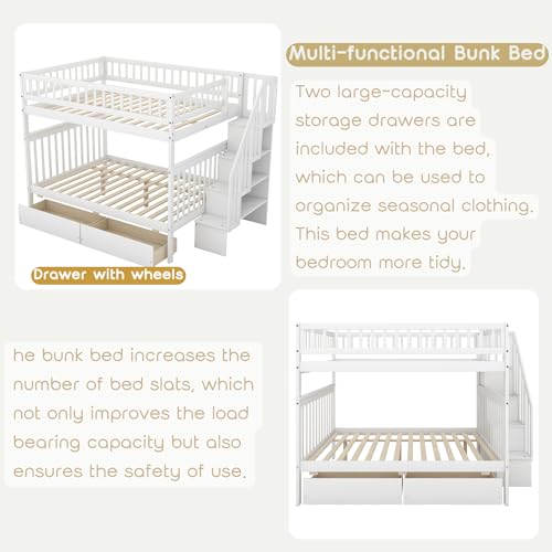 White Full Over Full Wood Bunk Bed with Trundle and Stairs C3519